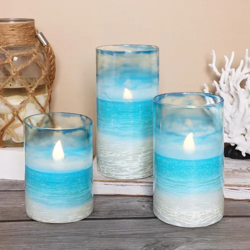 Vista 6 de Velas sin llama azul océano, velas LED de pilar con control remoto y temporizador, velas decorativas parpadeantes para regalos, fiestas, bodas