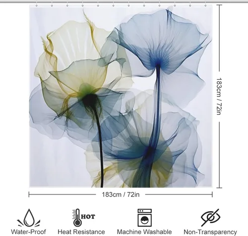 Vista 6 de YLATY2772 - Cortina de ducha de flores abstractas para baño, juego de cortina de ducha bohemia floral azul y verde, tela transparente, moderna
