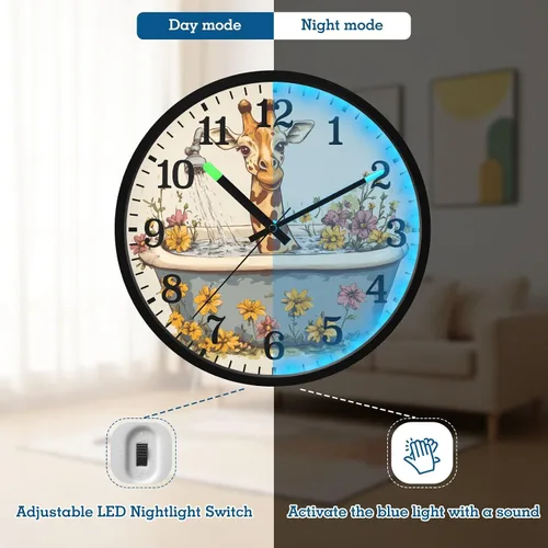 Vista 5 de Luminous Voice-Activated Wall Clocks Non-Ticking Silent Battery Operated Small Analog Clock Cartoon Giraffe Retro Bathtub 12 Inch Decorative for