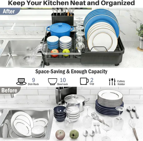Vista 5 de [Usado] Kmiectse Escurridor de platos – Escurridor extensible para encimera de cocina, escurridor de platos de acero inoxidable con soporte