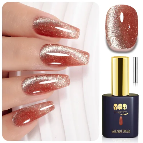 Vista 32 de YTD Likomey - Juego de esmaltes de uñas de gel de ojo de gato, 8 colores con purpurina magnética de cristal, borgoña, rojo, negro, verde, ciruela