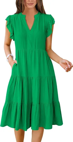 Vista 24 de ANRABESS Vestido de verano para mujer, manga con volantes, cuello en V, vestido midi a la moda, casual, holgado, escalonado, bohemio, playa