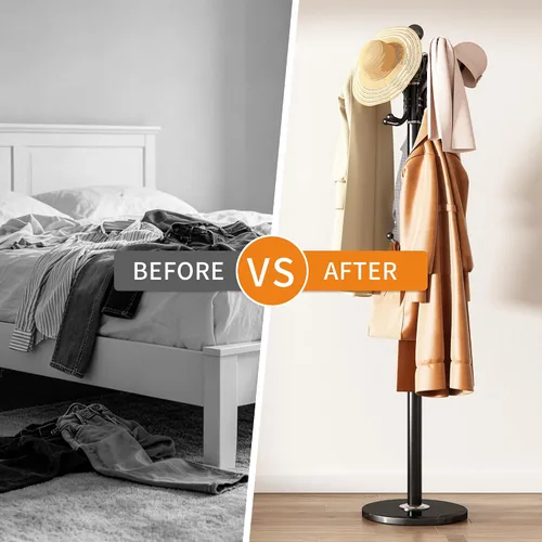 Vista 7 de Perchero de metal con rotación de 360°, color negro Modern Coat Rack with 360° Rotary Design Sturdy Heavy Duty Hall Tree Hats Hanger Holder Stand
