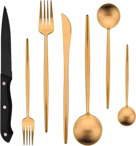 Vista 12 de Juego de cubiertos de 28 piezas con cuchillos para carne, cubiertos de acero inoxidable 18/8, juego de cubiertos modernos para 4 tenedores de Negro