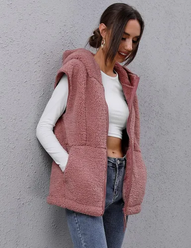 Vista 3 de TFSDOD Chaleco de forro polar sherpa para mujer, acogedor, sin mangas, con bolsillo, chaleco con capucha y cremallera para mujer