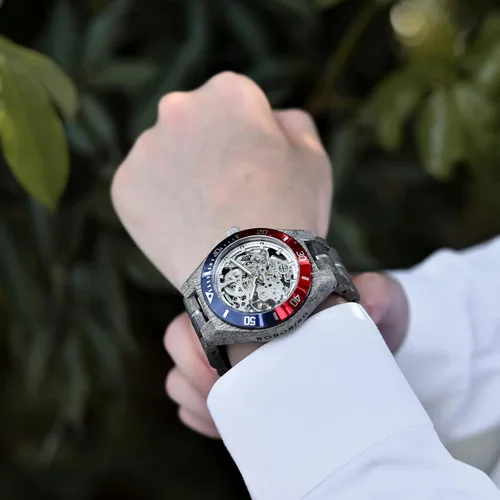 Vista 6 de 2win Reloj mecánico de madera para hombre, diseño de esqueleto, esfera transparente, acero inoxidable y madera de arce, logotipo personalizado, idea