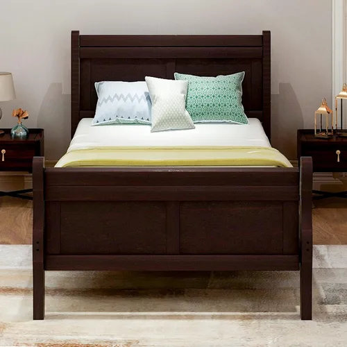Vista 3 de Cama de plataforma individual, marco de cama de madera rústica de aspecto simple con cabecero y estribo para muebles de dormitorio o habitación