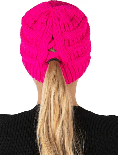 Vista 11 de Funky Junque - Gorro de coleta para mujer – Gorro de invierno con cola de caballo cruzada para mujer, cálidos y lindos gorros de punto con cola