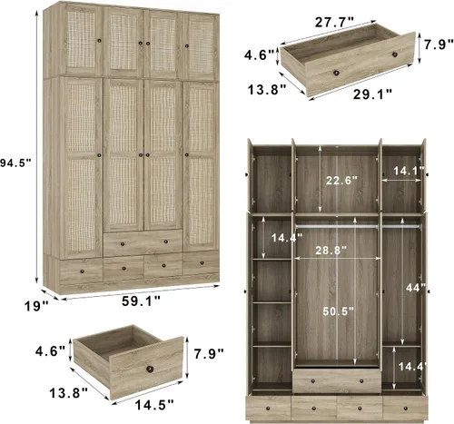 Vista 2 de Homsee Armario de 8 puertas, armario de dormitorio con puertas de ratán, 5 cajones, 2 barras colgantes, armarios superiores y estantes, color marrón