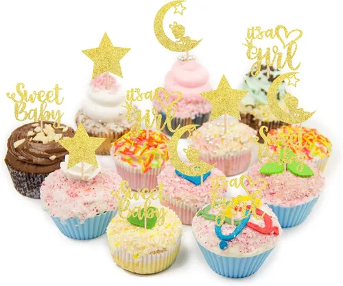 Vista 4 de 36 piezas de decoración para cupcakes con diseño de luna con purpurina de luna y estrella para revelación de género de bebé, baby shower, fiestas