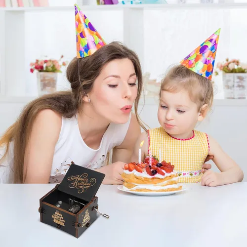 Vista 3 de Caja de música de feliz cumpleaños, manivela de madera, instrumento musical grabado con melodía, regalos para mamá, papá, hija, hijo, esposa, esposo