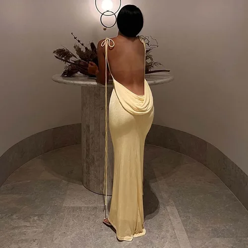Vista 3 de FULA-bao Vestido sexy para mujer cuello halter espalda abierta ajustado con tirantes delgados hasta el suelo vestido de calle