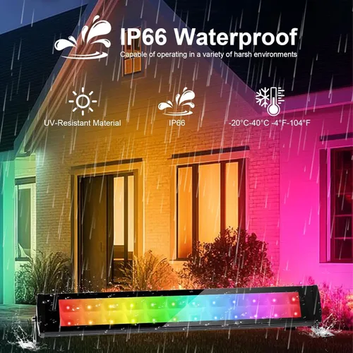 Vista 6 de Luz de arandela de pared RGB de 50 W, barra de luz RGB LED, luces de pared inteligentes con control remoto, impermeable, IP66 regulable, barra
