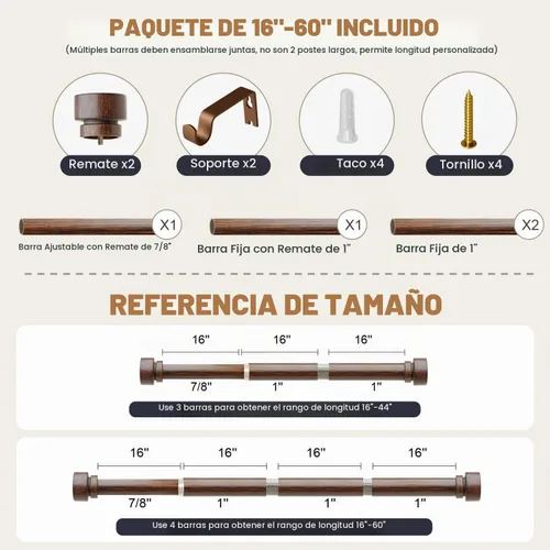 Vista 9 de Lootkell Redwood - Barras de cortina para ventanas de 28 a 48 pulgadas de diámetro, bohemio, decorativo, resistente, ajustable, con diseño de grano