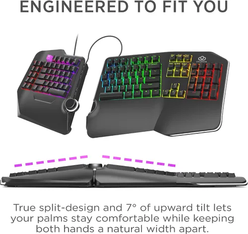 Vista 3 de Cloud Nine Teclado mecánico ergonómico C989M para PC, interruptores Kailh táctiles marrones, retroiluminación LED RGB con USB - Teclado Ergo Split