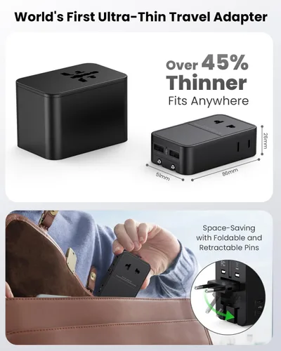 Vista 4 de Adaptador de enchufe de viaje universal, 7 puertos (2 USB-C, 2 USB-A, 3 CA), adaptador de corriente internacional, adaptador de corriente ultrafino