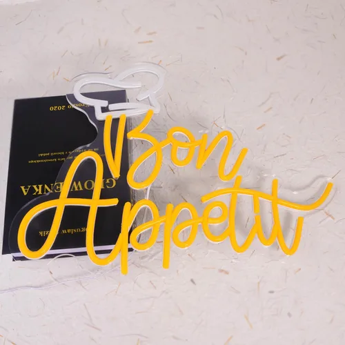 Vista 4 de Bon Appetit - Letrero LED con sombrero de chef, letras doradas, luces de neón para restaurante, estilo francés, neón regulable, LED, "16.5 x 12.6