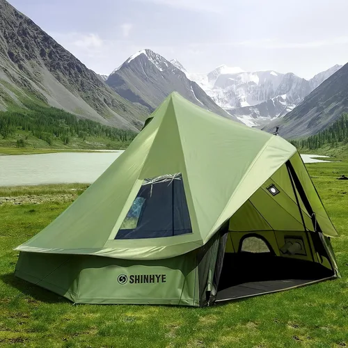 Vista 12 de Tienda de campaña Bell Yurt con gato de estufa, tienda de campaña de lujo impermeable para 4 estaciones, tela Oxford 420D, tiendas de campaña verde