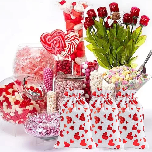 Vista 6 de eyigylyo Bolsa de arpillera de corazón para el día de San Valentín con cordón, 12 bolsas de dulces de San Valentín, bolsas de joyería para el día