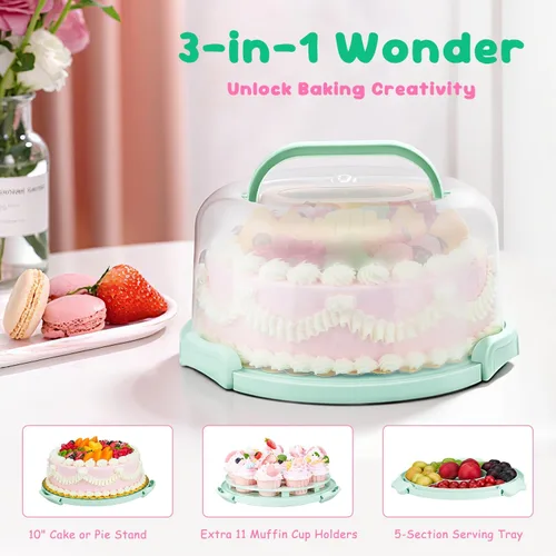 Vista 3 de Porta pasteles con tapa y asa, soporte para pasteles sin BPA con tapa para portador de pasteles redondo de 10 pulgadas con 10 tableros redondos