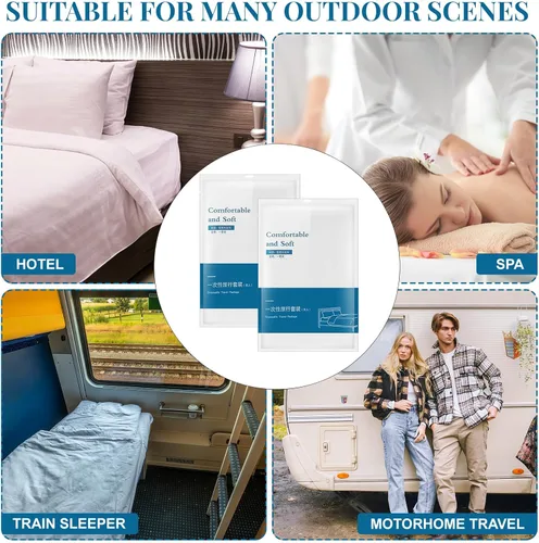 Vista 6 de Preboun Juego de 5 sábanas desechables para hotel, incluye sábanas de cama, fundas de almohada, funda de almohada, funda blanca suave y portátil