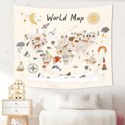 Vista 3 de Imirell Tapiz de mapa del mundo para niños, 59 pulgadas de ancho x 51 pulgadas de alto, lindo animal de dibujos animados, herramienta de aprendizaje