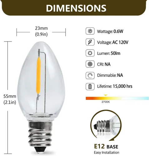 Vista 2 de C7 0.6W 2700K Bombilla LED con base de candelabro estándar E12, luz nocturna de repuesto de 6 unidades Paquete de 4 mazorcas C7