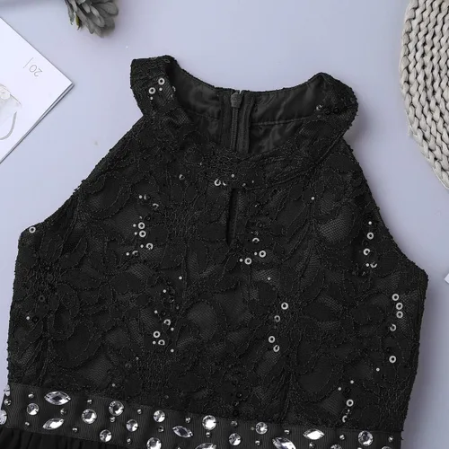 Vista 5 de Daenrui Vestido largo de encaje floral para niñas y niñas, con cuello halter, para baile de boda, fiesta de baile