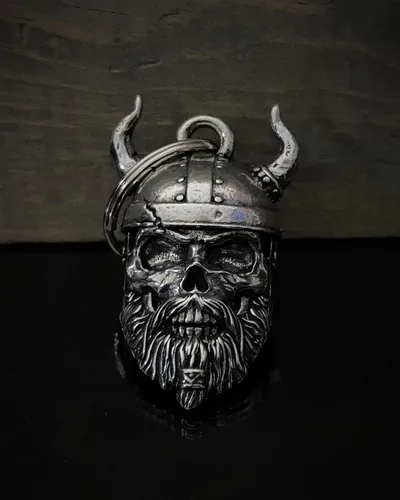 Vista 6 de Bravo Bells Viking Warrior Skull Bell - Accesorio de campana de motociclista o llavero para buena suerte en la carretera - Fabricado en los Estados