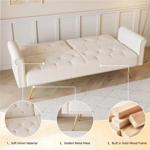 Vista 3 de Sofá cama tapizado de terciopelo, sofá cama convertible con dos almohadas para sala de estar, dormitorio, oficina en casa (beige)