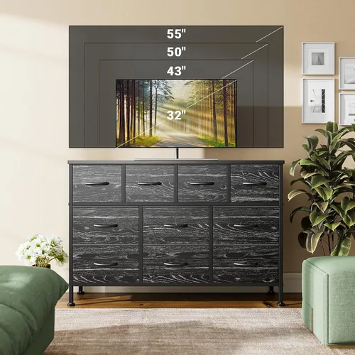Vista 2 de Lulive Cómoda negra de 10 cajones para dormitorio, soporte de TV con toma de corriente, cómoda central de entretenimiento para TV de 55 pulgadas