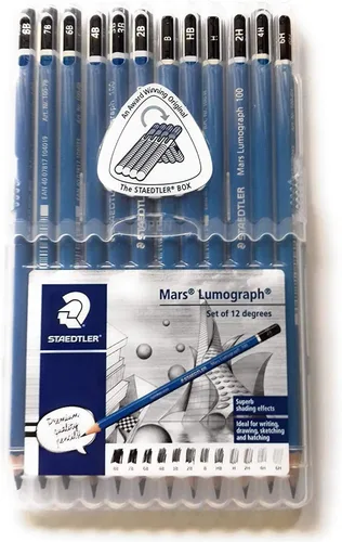 Vista 7 de Juego de Lápices Staedtler Mars Lumograph – 12 Lápices de Dibujo de Grafito Premium (6H-8B) con Sacapuntas y Borrador Sin Polvo – Kit Profesional