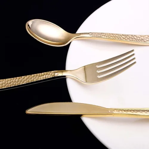 Vista 9 de Efavormart - Juego de 24 tenedores desechables de plástico color oro rosa, cubiertos resistentes de 7 pulgadas con elegante diseño martillado