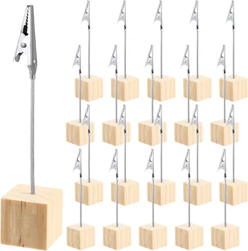 Vista 18 de Gersoniel 20 Piezas Soporte de Clip para Notas Base Cúbica con Clip de Cocodrilo Soporte de Números de Mesa de Madera Base Cúbica Soporte