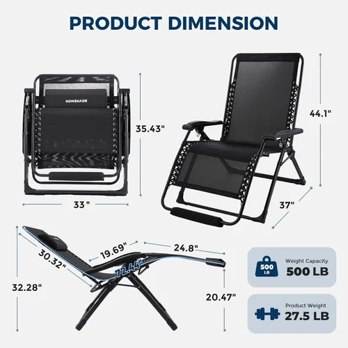 Vista 2 de HOMSHADE Silla de gravedad cero de gran tamaño XXL de 33 pulgadas, soporta Negro