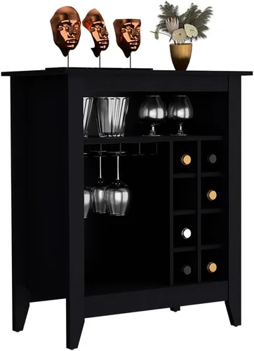 Vista 4 de Armario de bar de vino con 8 cubos de vino y portavasos, gabinete de madera para vino para licor y vasos, aparador retro con estantes abiertos
