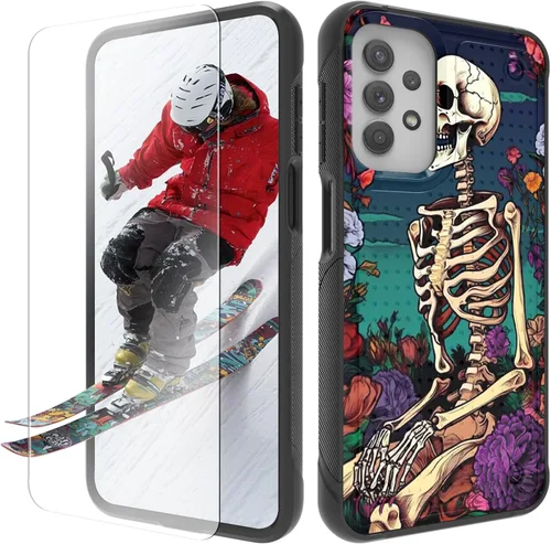 Vista 25 de Funda para Samsung Galaxy A13/A04/A04S/A23/A32 5G con protector de pantalla, parte trasera con textura de policarbonato duro, hermosa flor, diseño