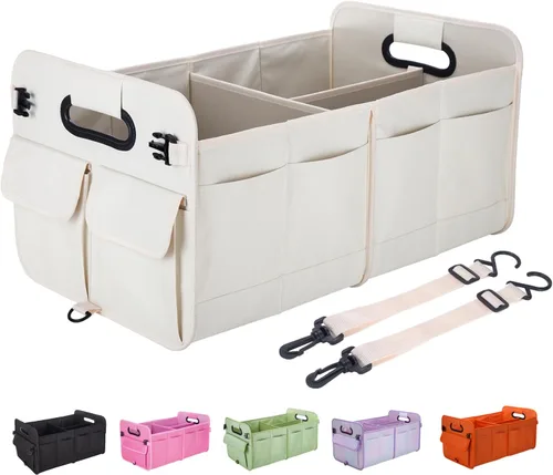 Vista 9 de titiyiof Organizador de maletero para SUV y sedán, organizadores y almacenamiento de automóvil, correas plegables y ajustables, organización Beige