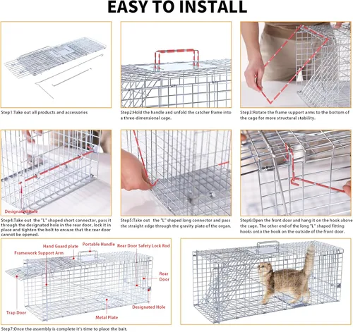 Vista 3 de Trampas plegables de 32" para animales vivos, trampa humana para animales para gatos callejeros de hasta 16.5 libras, mapaches, ardillas, zorrillos