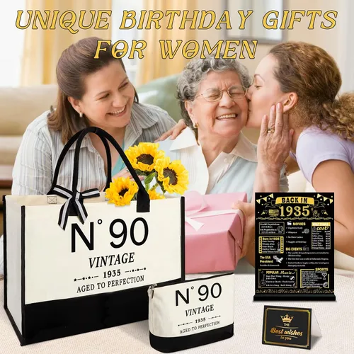 Vista 7 de YeohJoy Regalos de 90 cumpleaños para mujeres, bolsa de lona para viaje, regalos únicos de 90 años para esposa, hermana, mamá, tía, amigos, ella