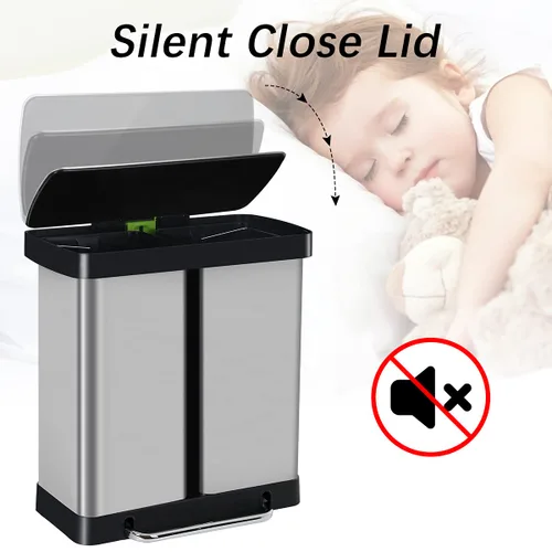 Vista 5 de Basurero de cocina de acero inoxidable de 16 galones/60 litros con tapa y doble barril, cubo de basura clasificado de alta capacidad para reciclaje