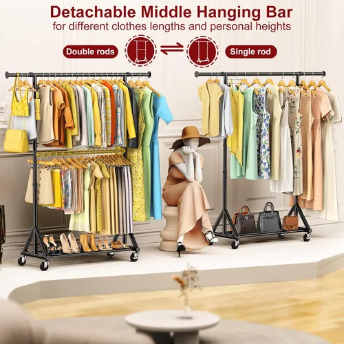 Vista 6 de Perchero resistente con carga de 760 libras, estante de ropa con ruedas de doble nivel, altura ajustable para colgar ropa, estante de metal