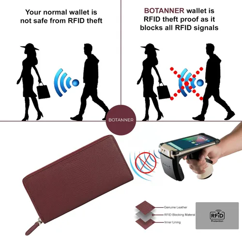 Vista 4 de BOTANNER Cartera para mujer, piel auténtica, 2 compartimentos para billetes, bolsa con cremallera para monedas, 8 ranuras para tarjetas de crédito