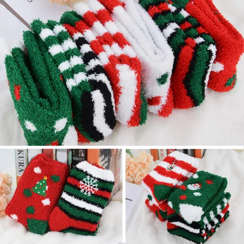 Vista 2 de Calcetines peludos de Navidad, 6 pares de calcetines lindos de forro polar coral, cálidos y acogedores, calcetines de vacaciones para mujeres