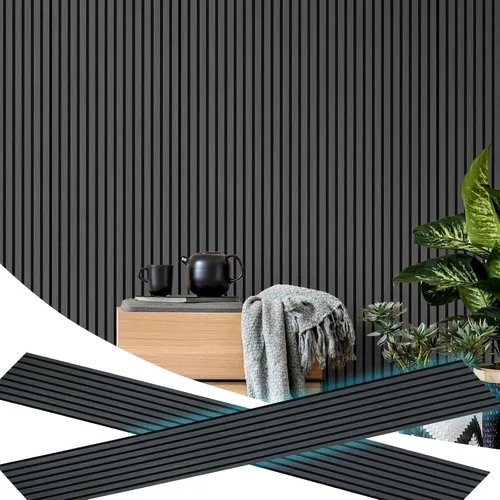 Vista 2 de 2 paneles acústicos de listones de madera para una decoración elegante y reducción de ruido, panel texturizado 3D para techo y pared, roble negro