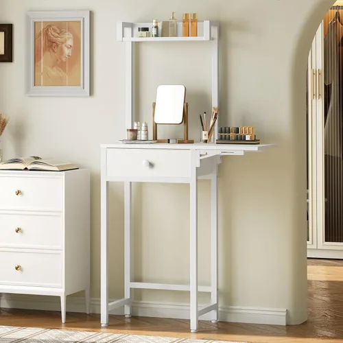 Vista 3 de YATINEY Escritorio pequeño sin espejo, mesa de tocador de maquillaje para espacios pequeños, tocador blanco compacto con panel plegable y cajón