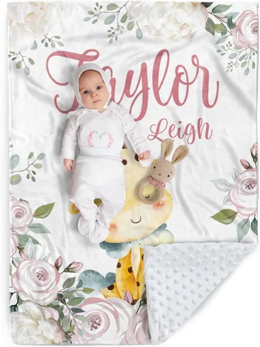 Vista 16 de Manta de bebé personalizada, manta de felpa suave con respaldo de puntos de doble capa para niños y niñas, nombre personalizado con diseño de animal