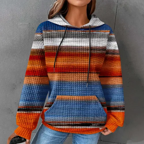 Vista 2 de Sudaderas con capucha para mujer, casual, de manga larga, con cordón de gofre, sudadera suelta con bolsillo, ropa de otoño, 2_Blanco