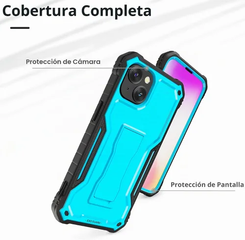 Vista 3 de ExoGuard Funda para iPhone 14, funda de goma a prueba de golpes de cuerpo completo viene con un protector de pantalla de vidrio templado y soporte