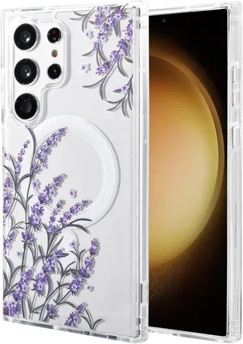 Vista 44 de Funda magnética para Samsung Galaxy S22 Ultra Flower, compatible con MagSafe, patrón floral transparente a prueba de golpes, parte trasera